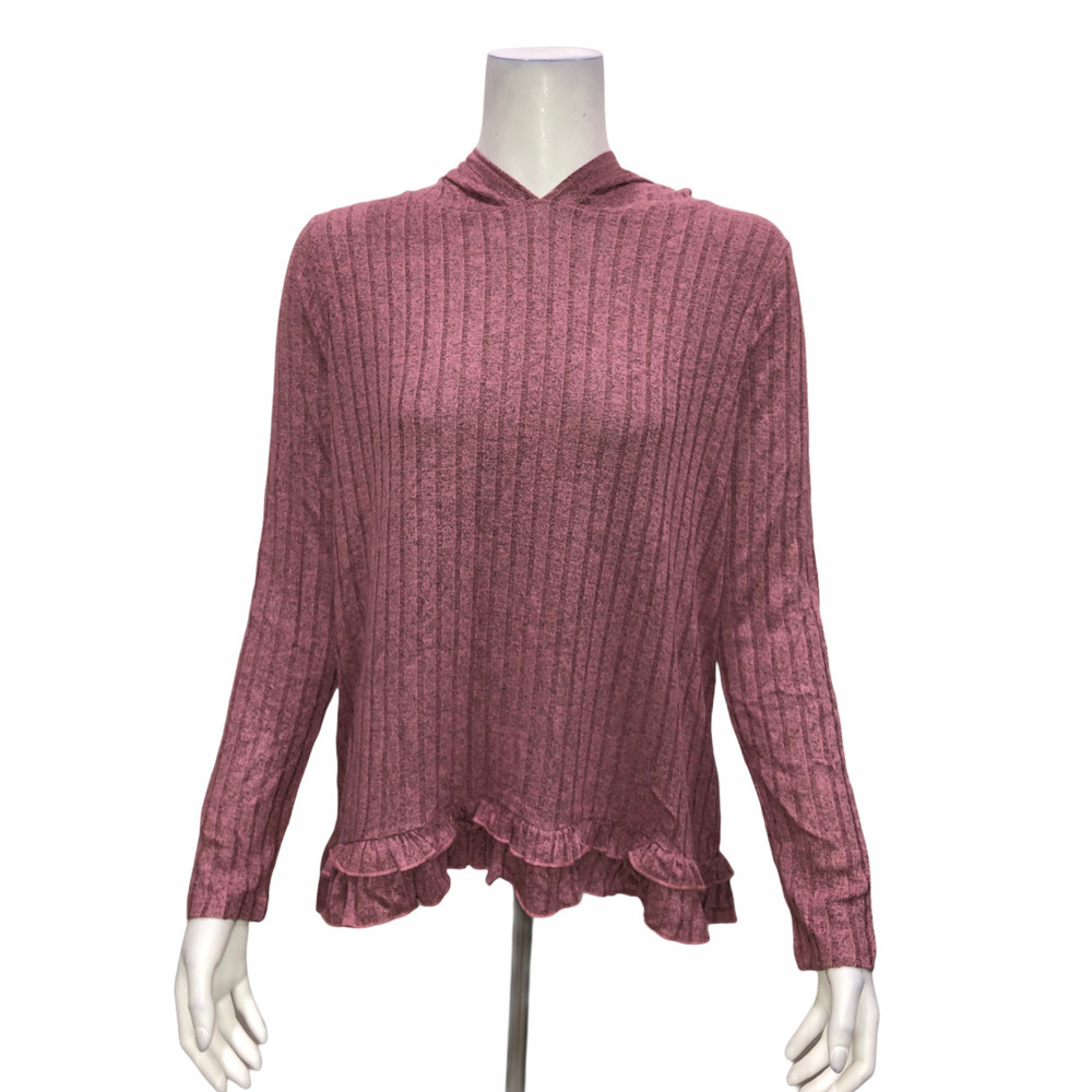 AnyBody Women's Long Sleeves Hacci Ruffle Hem Hoodie Light Mauve X-Small Size